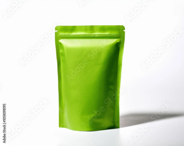 Obraz green pouch packaging mockup, Isolated, Flexible stand-up pouch packaging with a resealable top, suitable for snacks or sauces. green packaging mockup,
