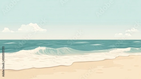 Fototapeta Calm Ocean Waves Breaking on Sandy Beach with Blue Sky and White Clouds.