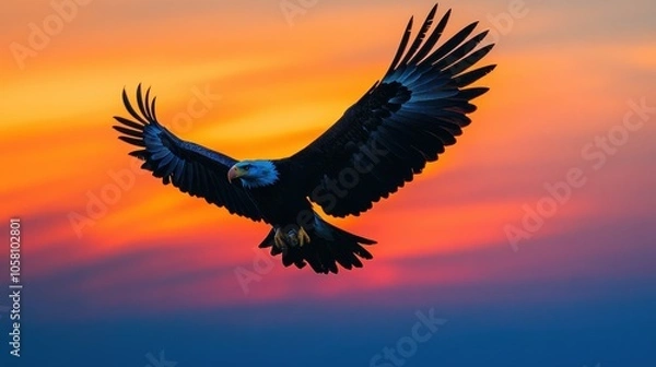 Obraz Majestic Bald Eagle Soaring Through Sunset Sky - Wildlife Photography