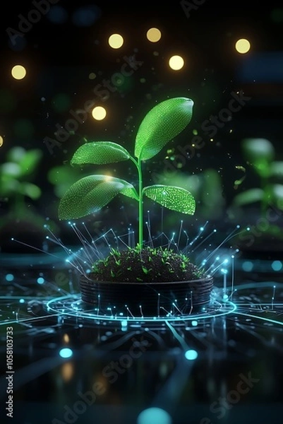 Fototapeta A vivid image of a seedling thriving in a high-tech environment, showcasing the fusion of nature and digital technology. Perfect for themes of growth and innovation.