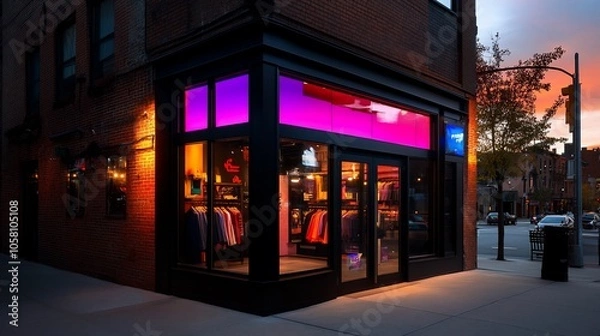 Fototapeta Corner storefront with vibrant pink and purple lighting at dusk.