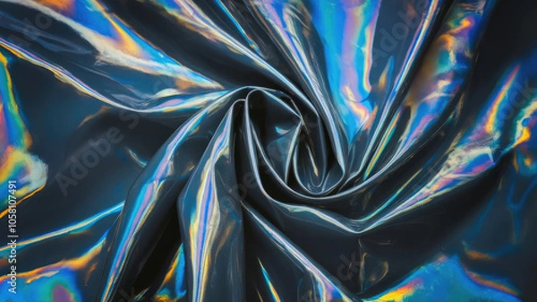 Obraz A mesmerizing close-up of iridescent, glossy fabric showcasing a swirl pattern in shades of blue, reflecting vibrant hues under soft lighting.