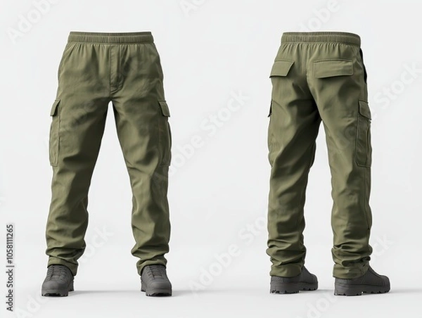 Fototapeta Green Cargo Pants Mockup - Front and Back View - Isolated on White Background.