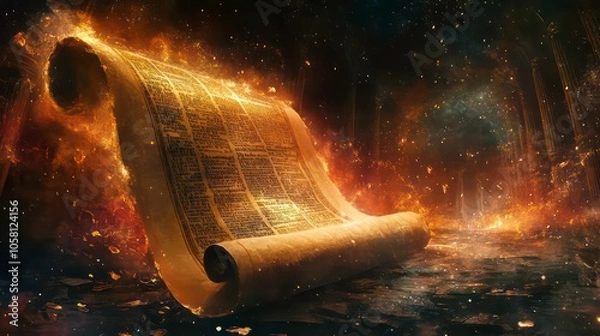 Obraz A glowing ancient scroll on fire in a magical forest setting with swirling particles.