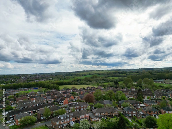Fototapeta High Angle View of Central Stock-on-Trent City of England, United Kingdom. Aerial Footage Was Captured with Drone's Camera During Mostly Cloudy Day of May 4th, 2024
