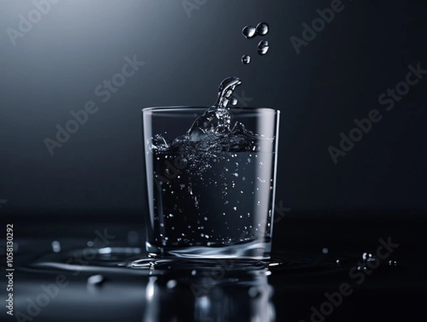 Fototapeta A glass of water with droplets splashing and rippling, set against a moody dark background, symbolizing clarity, motion, and refreshment