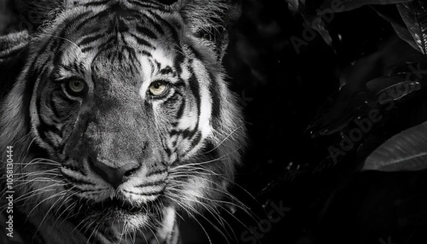 Fototapeta Close-up of a tiger's face, showing its sharp eyes and striped fur. The tiger is captured in a black and white photo, creating a dramatic and intense image.