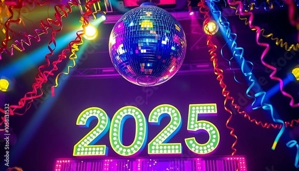 Fototapeta A glittering disco ball above bold "2025" text with party streamers, perfect for dance-themed events.