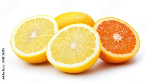 Fototapeta Freshly sliced citrus fruits on a white background - a vibrant display of flavor and color