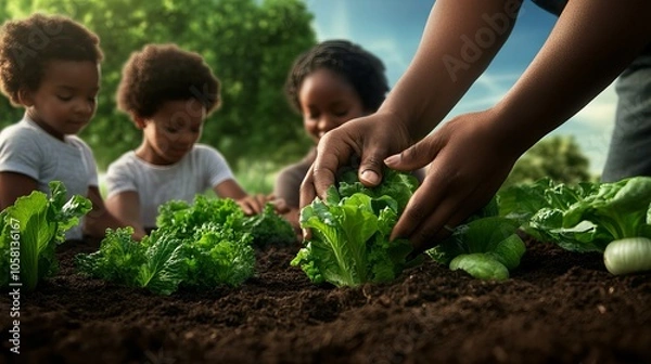Fototapeta Close-up of hands gardening with children, teaching them about planting and growing vegetables in a lush, green garden