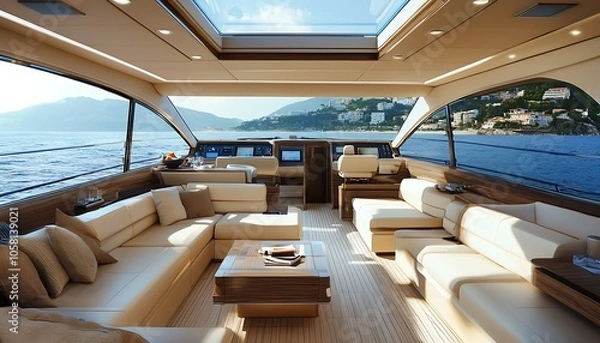 Obraz Luxury yacht interior with modern design and panoramic views, offering comfort and elegance at sea.