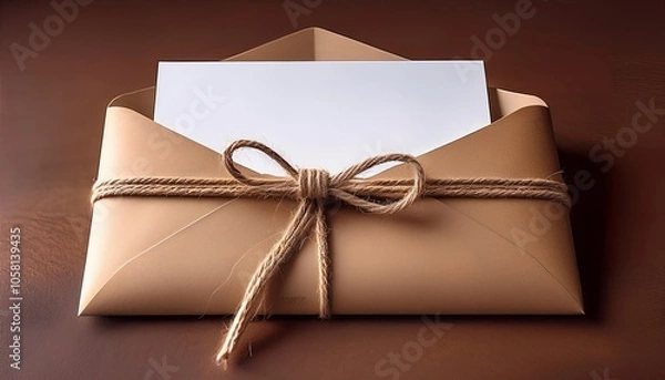 Fototapeta A sealed envelope tied with twine, resting on a wooden surface, holding a blank card inside.