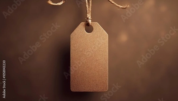 Obraz A close-up of a textured, brown tag hanging from a string against a blurred background, showcasing its material and design.
