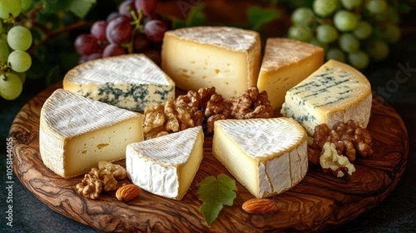 Fototapeta Assorted cheese platter with walnuts and grapes on a wooden board.
