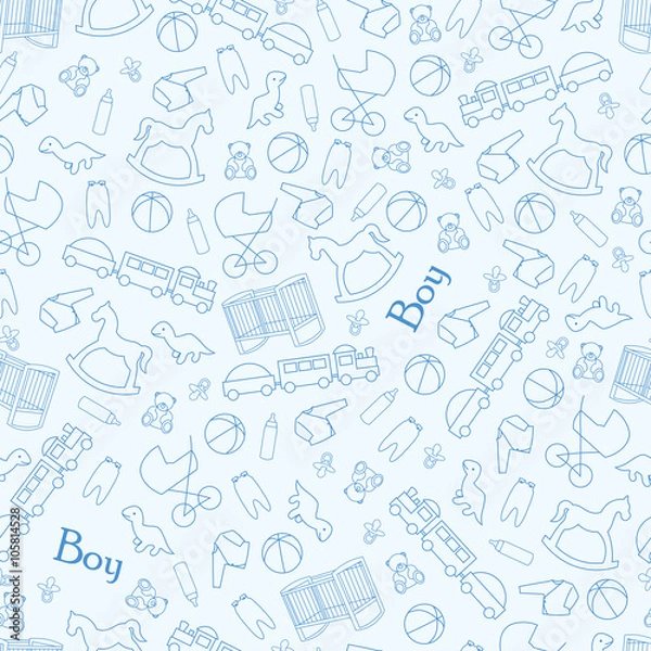 Obraz Boy background for baby. Blue background for baby with toys and facilities for the newborn.
