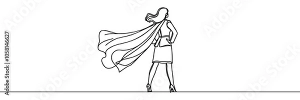 Fototapeta Single continuous line drawing businesswoman superhero with cloak . Business takes off. Business project concept. One line draw graphic design vector illustration