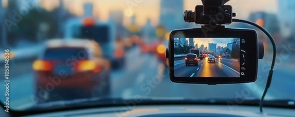 Fototapeta Recording traffic situations while driving car camcorder for cars and trucks. Concept Smart Car Cameras, Daily Commute Recording, Dashcam Safety Proof, Vehicle Surveillance Systems.