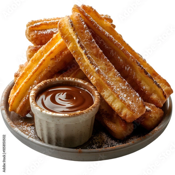 Fototapeta A serving of traditional Spanish churros dusted with cinnamon sugar and served with chocolate sauce. Isolated on White Background