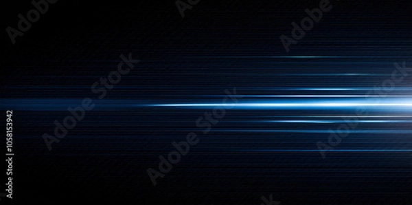 Fototapeta 青い光、レーザービーム、水平光線、青い光フレア、黒い背景、スタイリッシュ