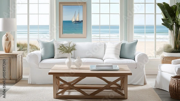 Fototapeta Coastal living room with ocean view and nautical decor
