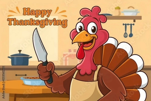 Obraz Happy Thanksgiving Cartoon: Cheerful Turkey Holding a Roasted Turkey with Copy Space
