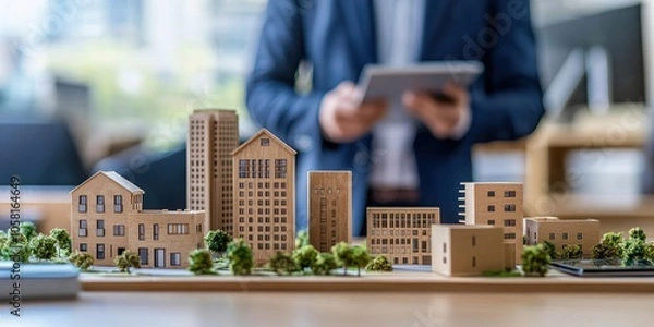 Fototapeta Real Estate Investor Evaluating Market Trends and Property Valuations in a Modern Office Environment Focused on Strategic Investments