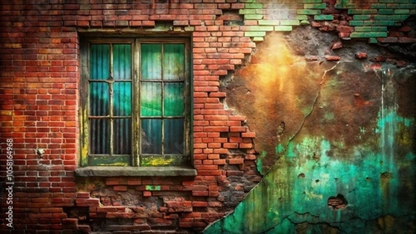 Fototapeta A weathered brick wall with a single window, faded and chipped paint revealing a glimpse of the past, hinting at a forgotten story.