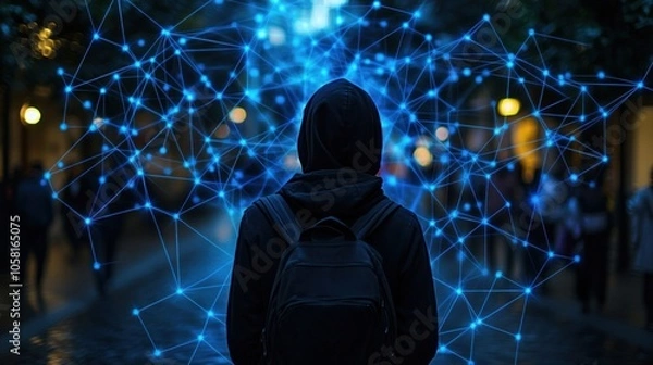 Fototapeta A hooded figure stands in a city street with a glowing network of digital connections behind them.