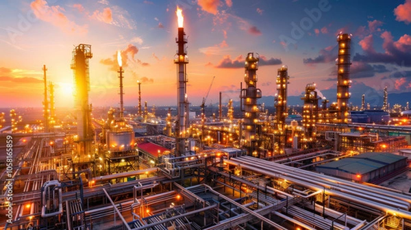 Obraz stunning view of oil refinery at sunset, showcasing towering flare stacks releasing flames amidst network of pipes and industrial structures. vibrant colors of sky enhance dramatic atmosphere