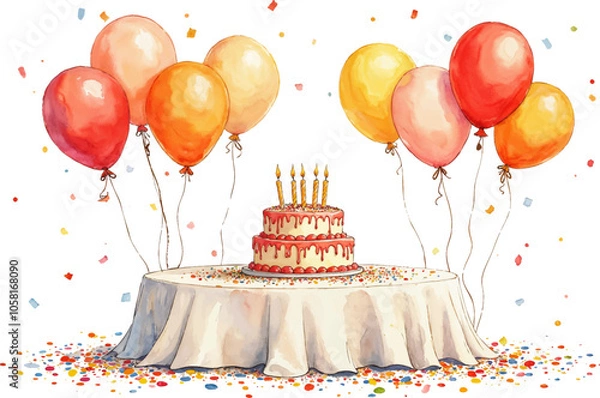 Fototapeta Watercolor illustration of a Colorful Birthday Table with Balloons and Cake