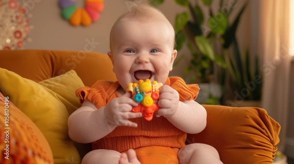 Fototapeta Playful baby with new teeth, joyfully chewing on colorful toy while sitting on cozy orange sofa. bright atmosphere enhances cheerful expression