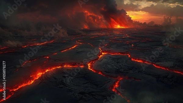 Fototapeta Lava field from recent volcanic eruption, glowing red lava flows, dramatic clouds, and fiery sunset create breathtaking and intense landscape