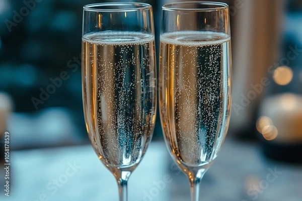 Fototapeta Two champagne-filled glasses are depicted in the image. Generative Ai