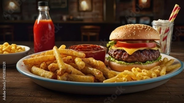 Obraz Classic American Cuisine - Juicy Burger, BBQ Ribs, and Crispy Fries with Rustic Diner Vibes