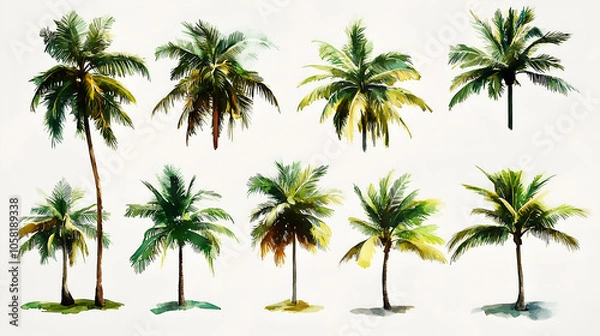 Fototapeta Collection of Coconut tree, white background, vintage illustration, flat design style, simple, watercolor, white and green color