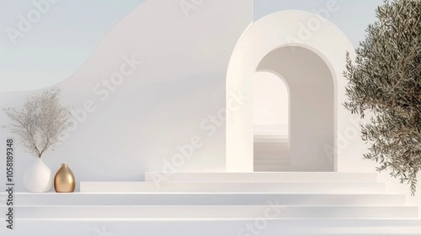 Fototapeta 3D render of a modern, minimalistic house design, white background, sleek geometric shapes, advertisement-ready, isolated clean architecture