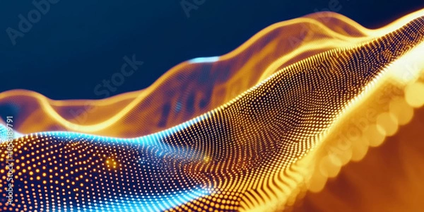 Fototapeta 3D abstract curve speed line wave mountain road stripe grid with glitter swirl line and dot flowing, gold and orange blue metallic virtual space shimmering shiny fashion web tech dark background