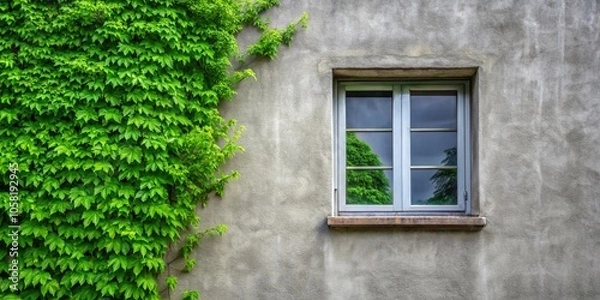 Fototapeta Gray wall with green tree leaves visible through a window