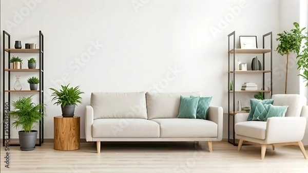 Fototapeta Modern living room with a white sofa, armchair, shelves with plants, and neutral decor.