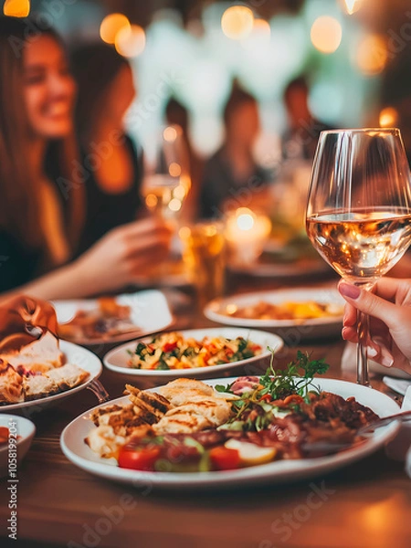 Fototapeta AI-Generated image of A group of people are sitting around a table with plates of food and wine glasses. Scene is one of celebration and enjoyment, as the people are gathered together to share a meal 