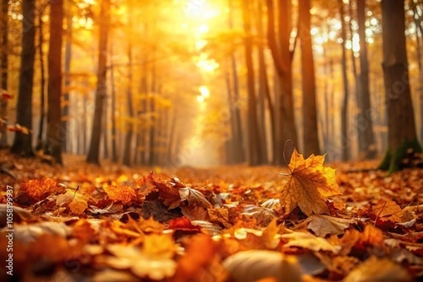 Fototapeta Softly glowing orange and yellow tones illuminate the forest floor as fallen leaves carpet the ground, glow, yellow, orange