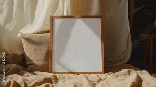 Fototapeta Blank wooden frame mockup on rustic fabric with natural light for minimalist interior design inspiration