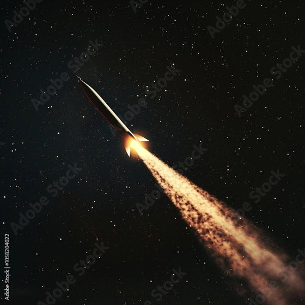 Fototapeta Silver Rocket Launch: Sleek Vehicle Ascends with Fiery Exhaust Trail in Star-Studded Night Sky.