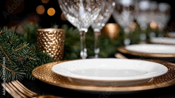 Fototapeta Elegant Christmas dining table setting with golden candle holders, crystal glassware, and evergreen garlands, all softly lit to create a warm and inviting festive atmosphere.