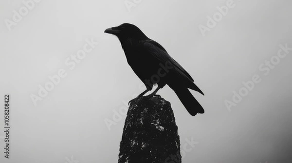 Fototapeta A close-up of a raven perched on a branch with a blurred background.