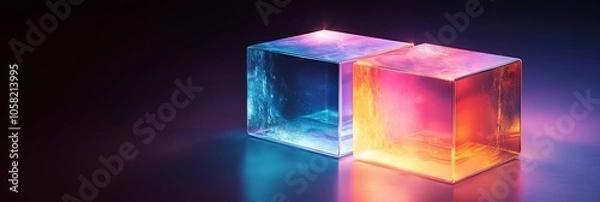 Fototapeta Abstract background with glowing holographic cubes on a dark blue, black and neon colored background