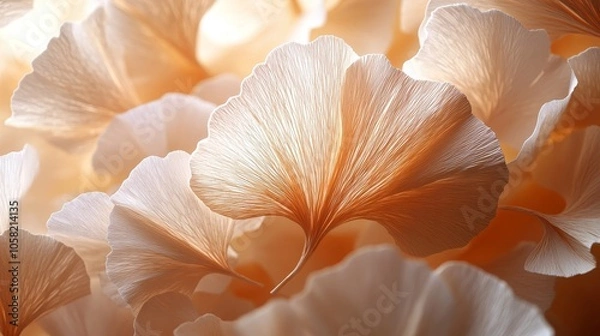 Fototapeta A close-up of ginkgo leaves, featuring layered paper art style, delicate details, and soft lighting. Showcasing the beauty of nature, paired with light brown and white, suitable for art enthusiasts.