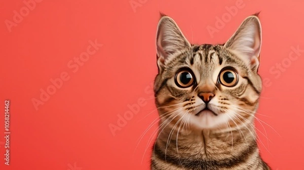 Fototapeta A curious tabby cat gazes wide-eyed against a vibrant coral background, showcasing its striking features and playful spirit.