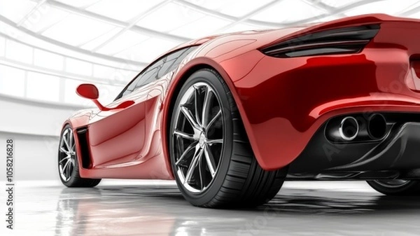 Fototapeta Back view of an unbranded red sport car isolated on a white background