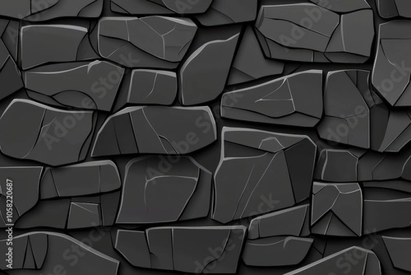 Fototapeta A detailed close-up of a textured stone wall, featuring dark, uneven stones against a plain background.